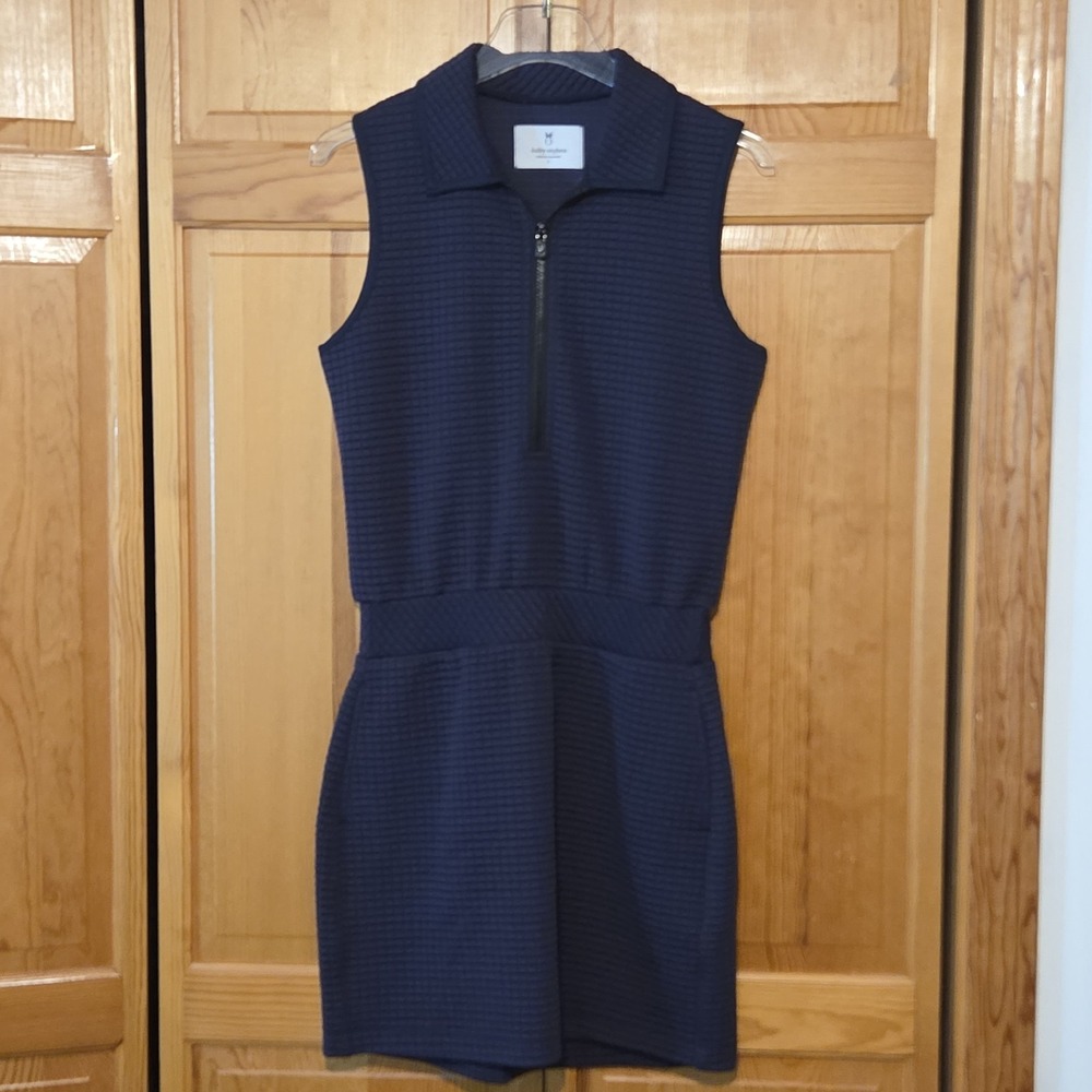 Dudley Stephens Ava Dress Small Navy Blue Waffle Quarter Zip Sleeveless Pockets